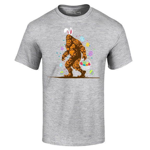 Shop4Ever Men's Bigfoot with Easter Basket and Eggs Funny Graphic T-shirt XXXX-Large Sports Grey