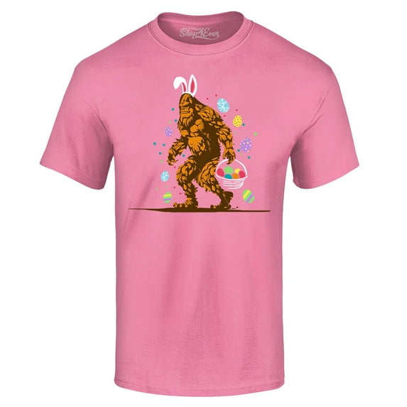 Shop4Ever Men's Bigfoot with Easter Basket and Eggs Funny Graphic T-shirt XXXXX-Large Azalea Pink