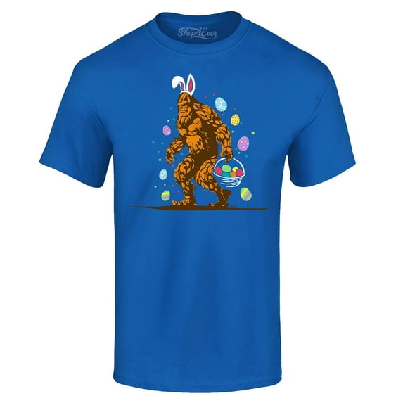 Shop4Ever Men's Bigfoot with Easter Basket and Eggs Funny Graphic T-shirt XXXXX-Large Royal Blue