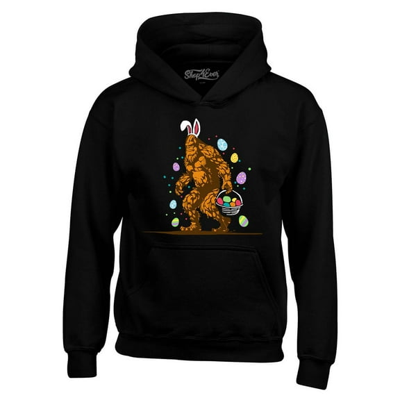 Shop4Ever Men's Bigfoot with Easter Basket and Eggs Funny Hooded Sweatshirt Hoodie X-Large Black