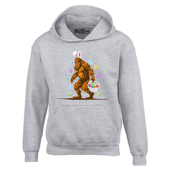 Shop4Ever Men's Bigfoot with Easter Basket and Eggs Funny Hooded Sweatshirt Hoodie X-Large Sports Grey