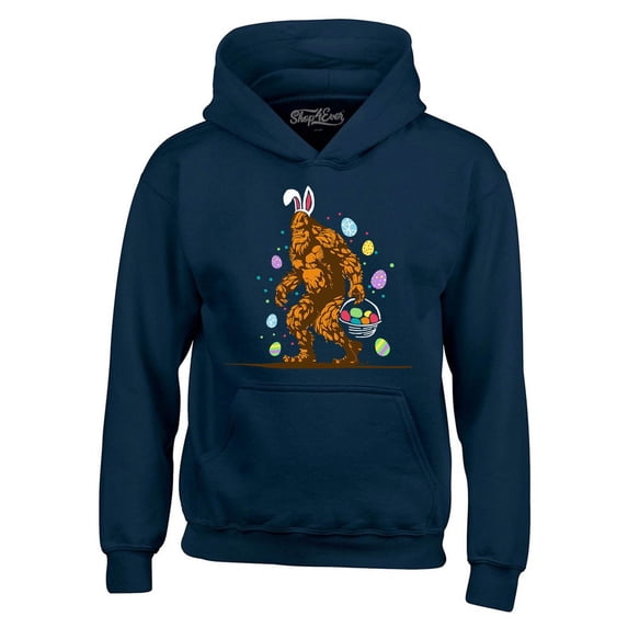 Shop4Ever Men's Bigfoot with Easter Basket and Eggs Funny Hooded Sweatshirt Hoodie XX-Large Navy