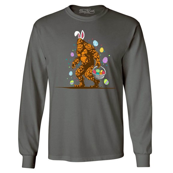 Shop4Ever Men's Bigfoot with Easter Basket and Eggs Funny Long Sleeve Shirt Large Charcoal