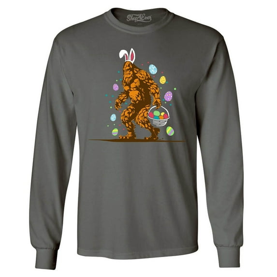 Shop4Ever Men's Bigfoot with Easter Basket and Eggs Funny Long Sleeve Shirt Large Charcoal