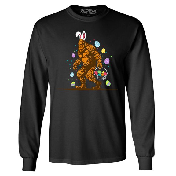 Shop4Ever Men's Bigfoot with Easter Basket and Eggs Funny Long Sleeve Shirt Small Black
