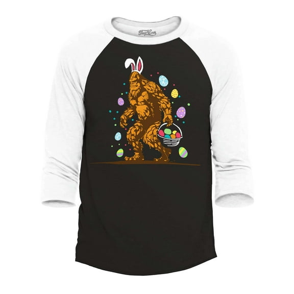Shop4Ever Men's Bigfoot with Easter Basket and Eggs Funny Raglan Baseball Shirt XXX-Large Black/White