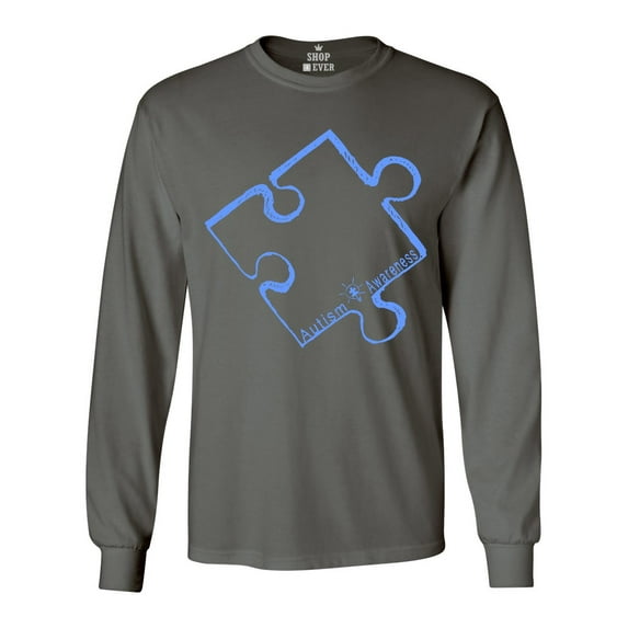 Shop4Ever Men's Blue Puzzle Piece Autism Awareness Long Sleeve Shirt Large Charcoal