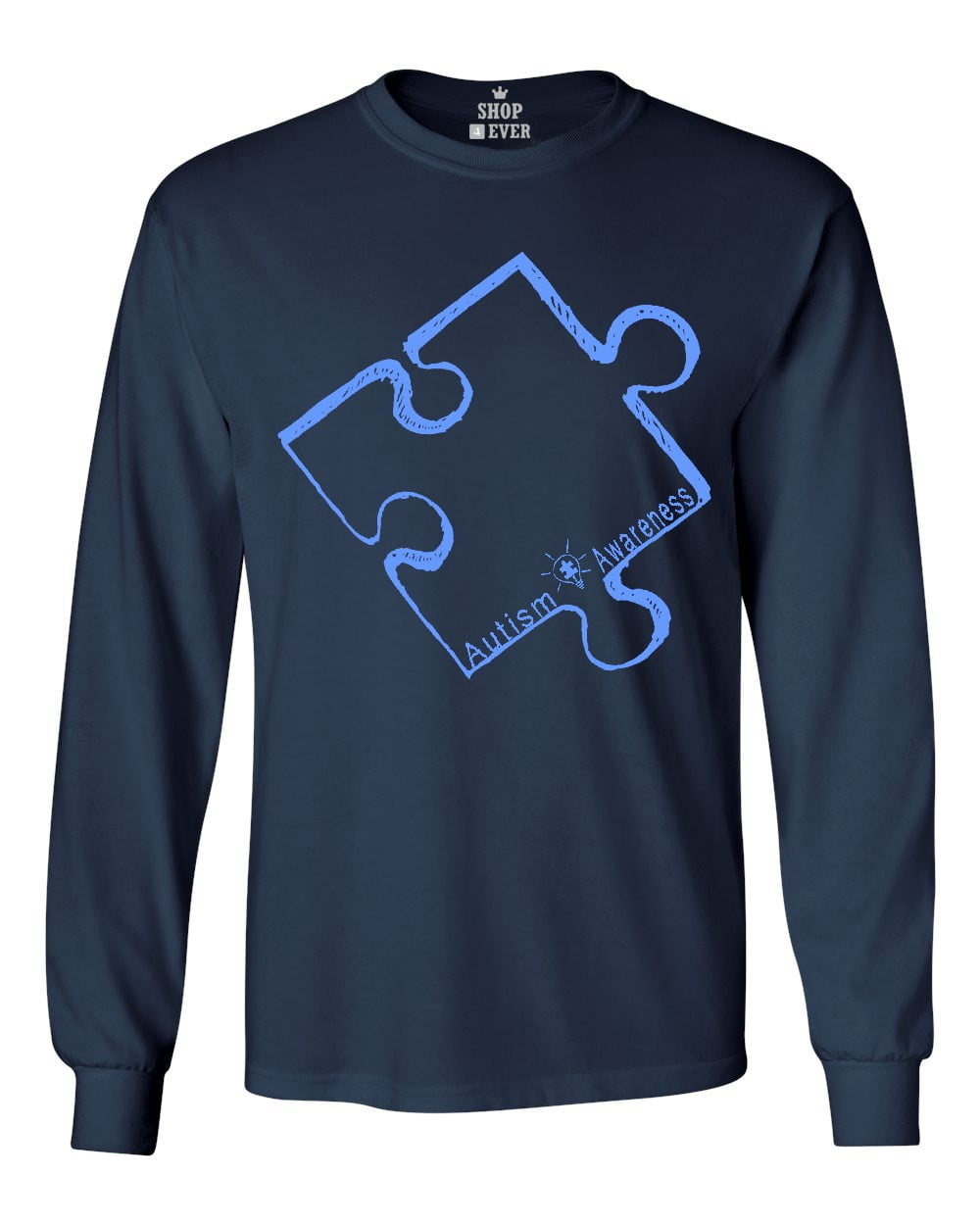 Shop4Ever Men's Blue Puzzle Piece Autism Awareness Long Sleeve Shirt Large Navy
