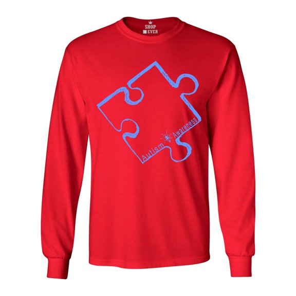 Shop4Ever Men's Blue Puzzle Piece Autism Awareness Long Sleeve Shirt Large Red