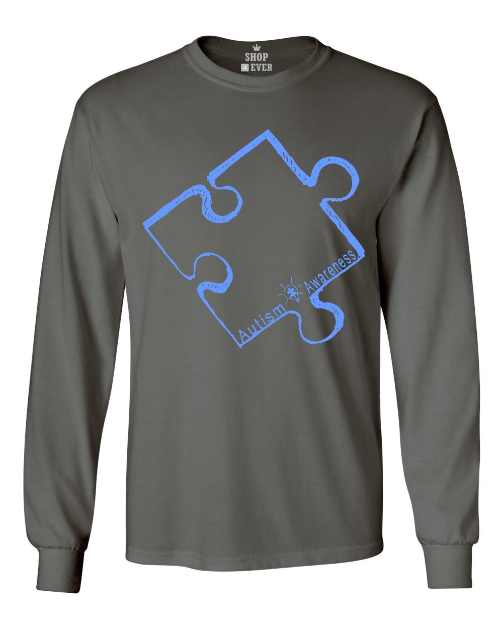 Shop4Ever Men's Blue Puzzle Piece Autism Awareness Long Sleeve Shirt Small Charcoal