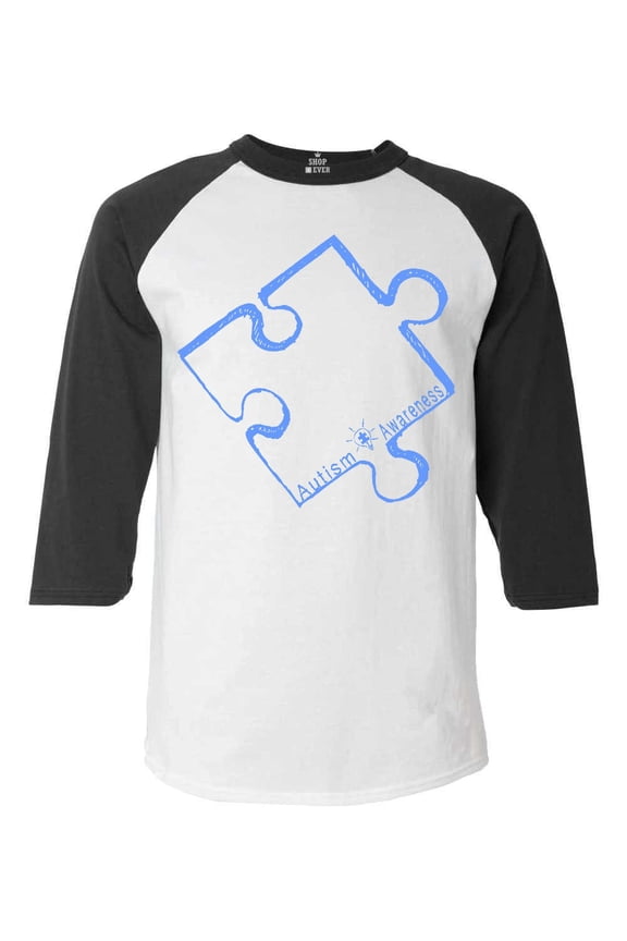 Men's Blue Puzzle Piece Autism Awareness Raglan Baseball Shirt Medium White/Black