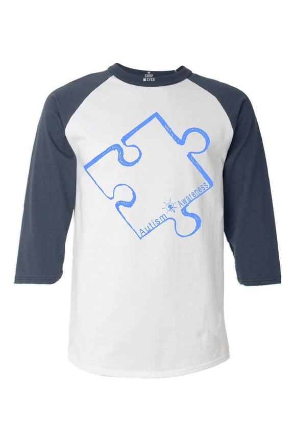 Men's Blue Puzzle Piece Autism Awareness Raglan Baseball Shirt Small White/Navy