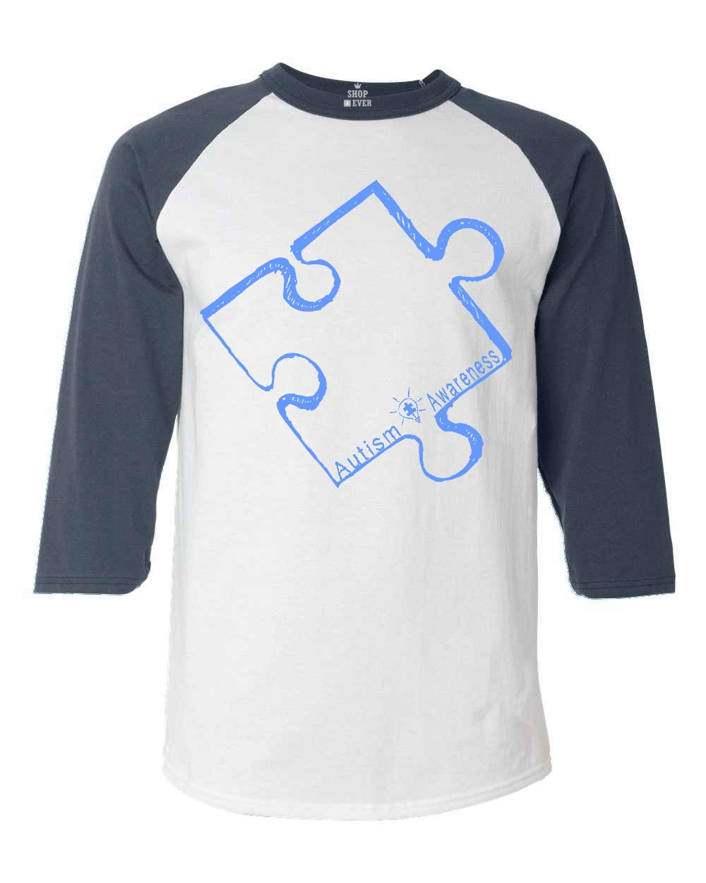 Shop4Ever Men's Blue Puzzle Piece Autism Awareness Raglan Baseball Shirt X-Large White/Navy