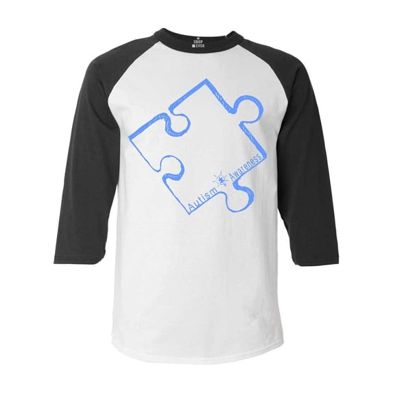 Shop4Ever Men's Blue Puzzle Piece Autism Awareness Raglan Baseball Shirt X-Small White/Black