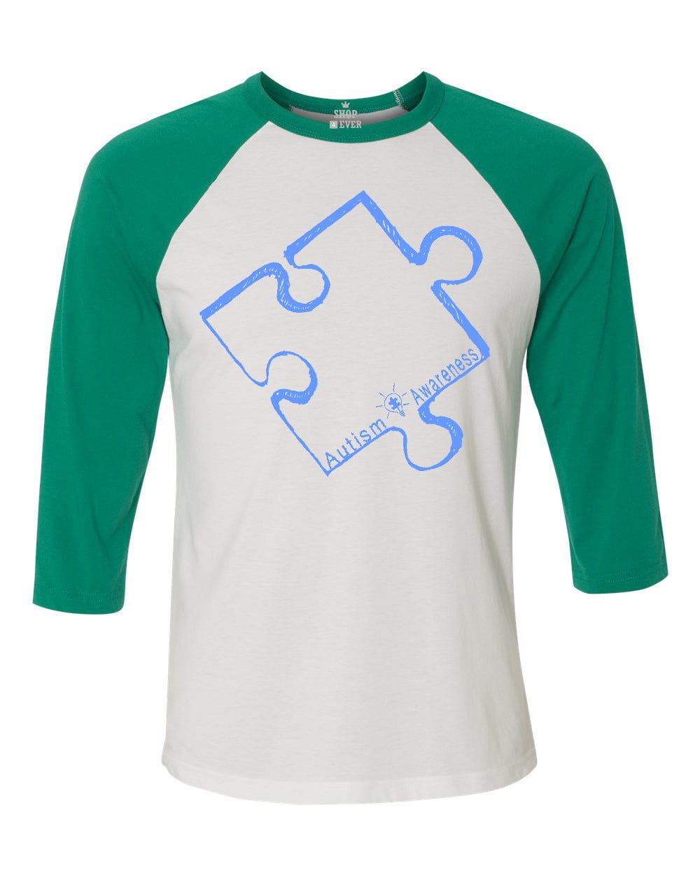 Shop4Ever Men's Blue Puzzle Piece Autism Awareness Raglan Baseball Shirt X-Small White/Kelly