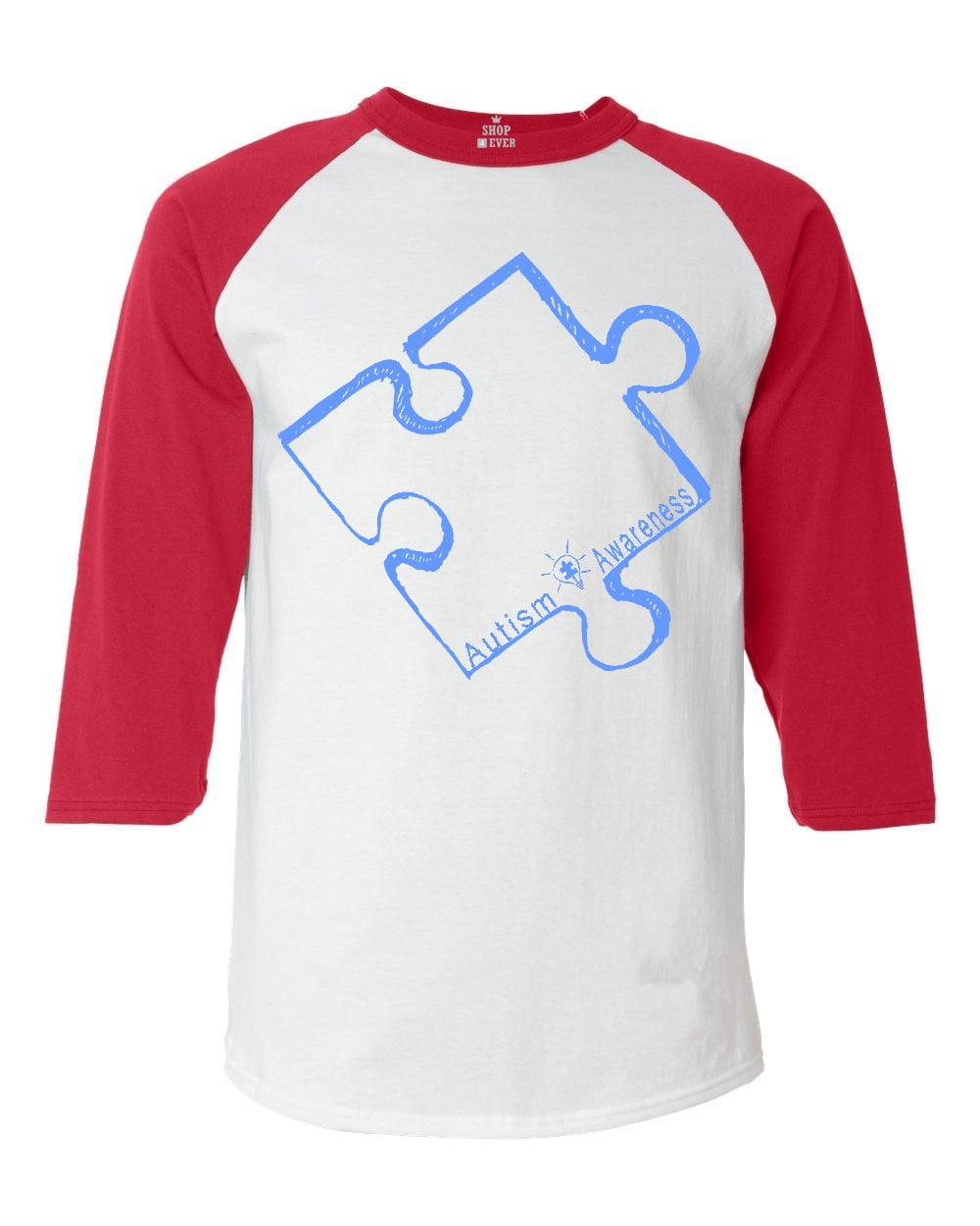 Shop4Ever Men's Blue Puzzle Piece Autism Awareness Raglan Baseball Shirt XX-LargeWhite/Red