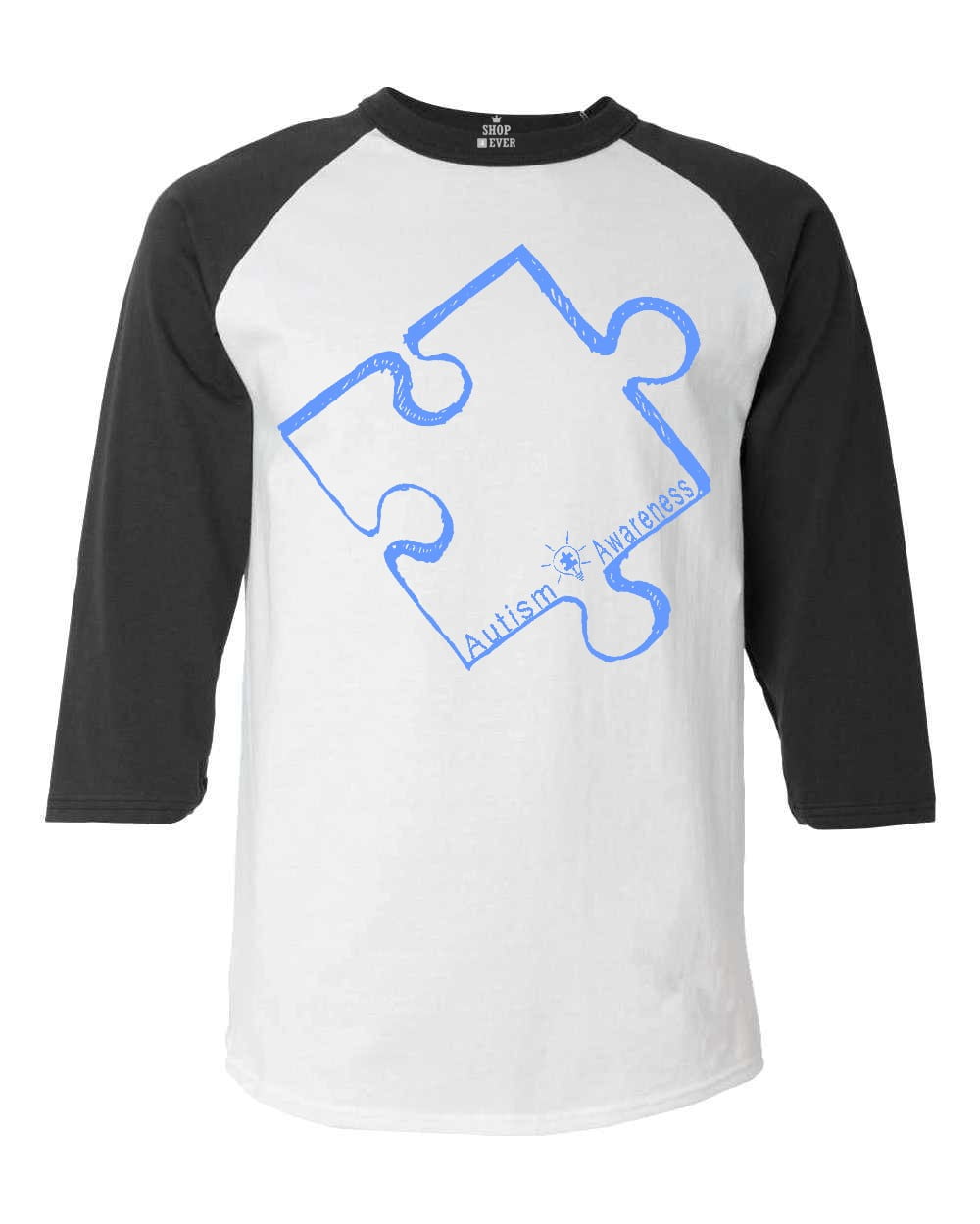 Shop4Ever Men's Blue Puzzle Piece Autism Awareness Raglan Baseball Shirt XXX-LargeWhite/Black
