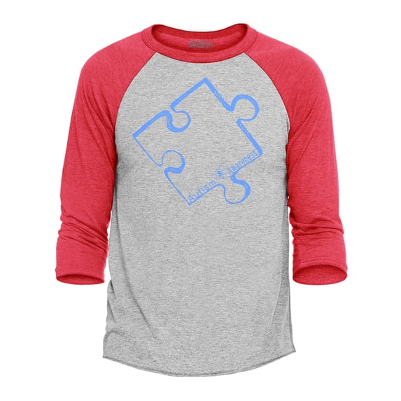 Shop4Ever Men's Blue Puzzle Piece Raglan Baseball Shirt X-Large Heather Grey/Red