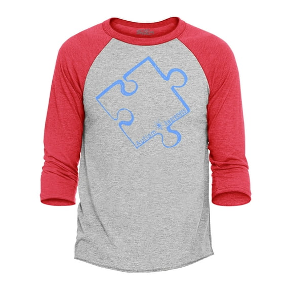 Shop4Ever Men's Blue Puzzle Piece Raglan Baseball Shirt X-Small Heather Grey/Red