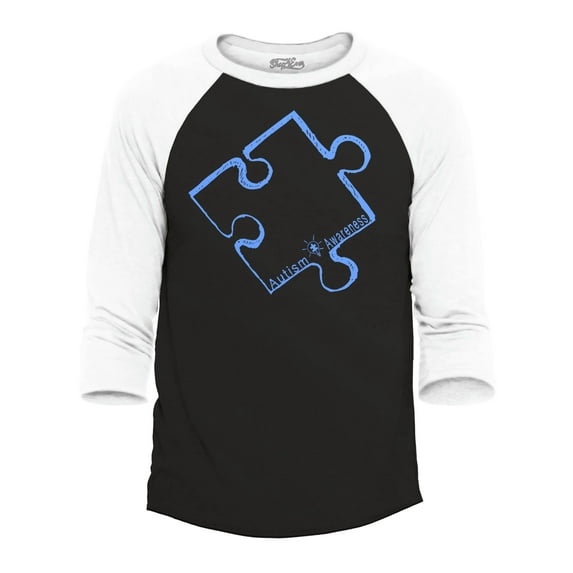 Shop4Ever Men's Blue Puzzle Piece Raglan Baseball Shirt XXX-Large Black/White