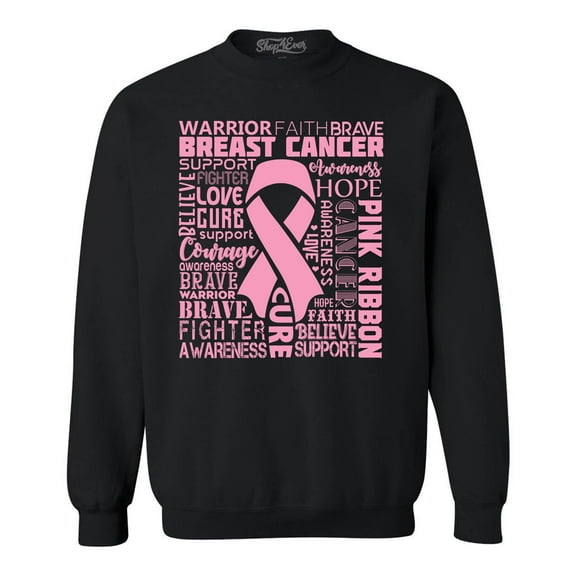 Shop4Ever Men's Breast Cancer Awareness Pink Ribbon Word Cloud Crewneck Sweatshirt Medium Black