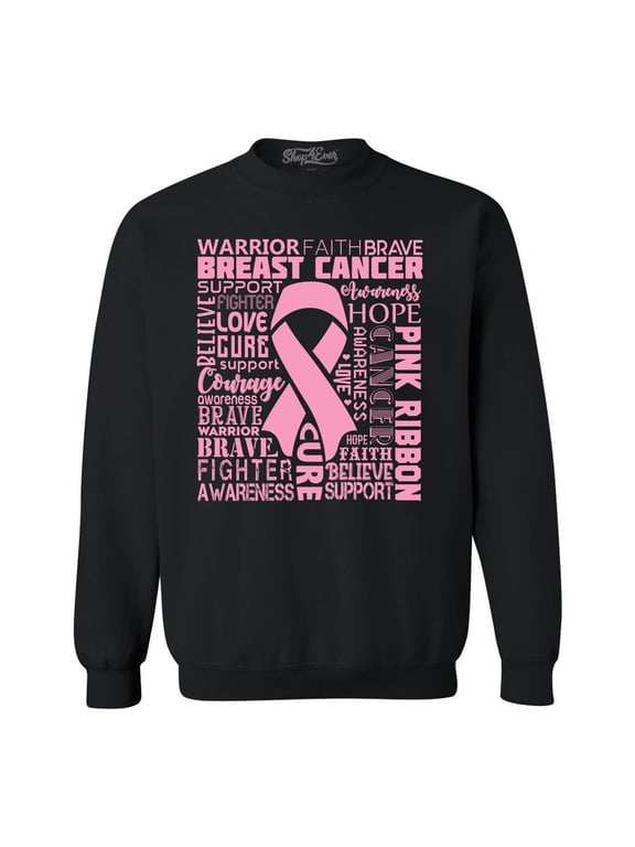 Men's Breast Cancer Awareness Pink Ribbon Word Cloud Crewneck Sweatshirt Small Black