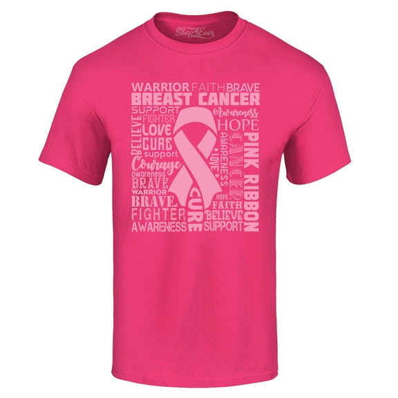 Shop4Ever Men's Breast Cancer Awareness Pink Ribbon Word Cloud Graphic T-shirt X-Large Heliconia Pink