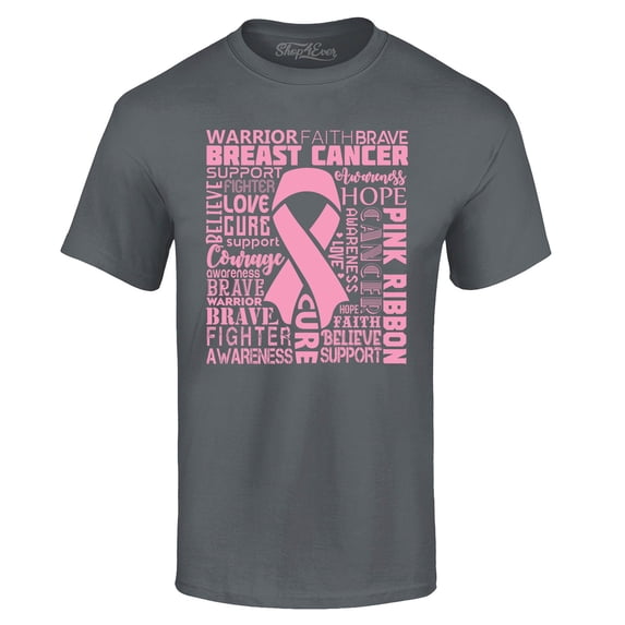 Shop4Ever Men's Breast Cancer Awareness Pink Ribbon Word Cloud Graphic T-shirt XXX-Large Charcoal