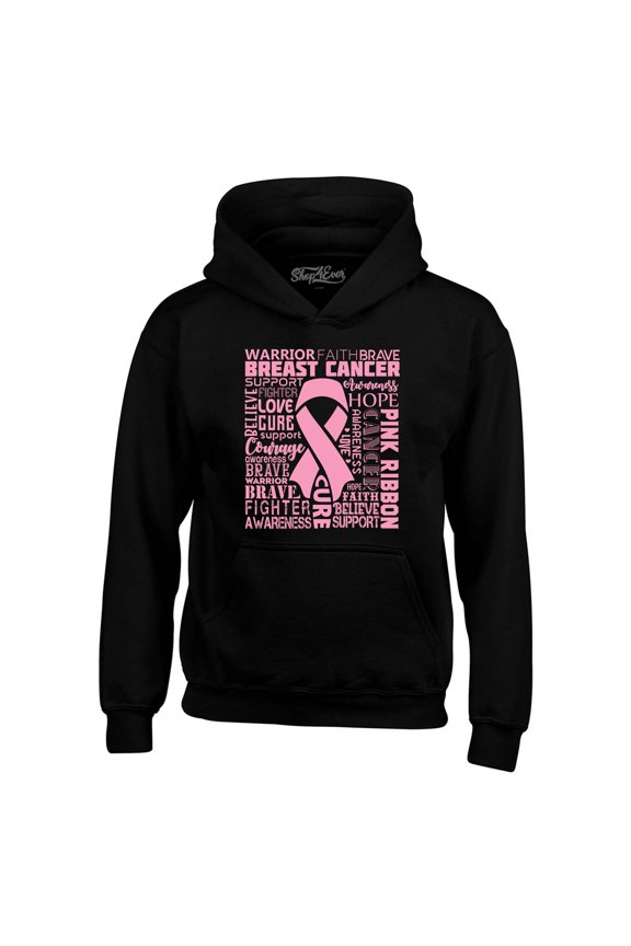 Men's Breast Cancer Awareness Pink Ribbon Word Cloud Hooded Sweatshirt Hoodie Large Black