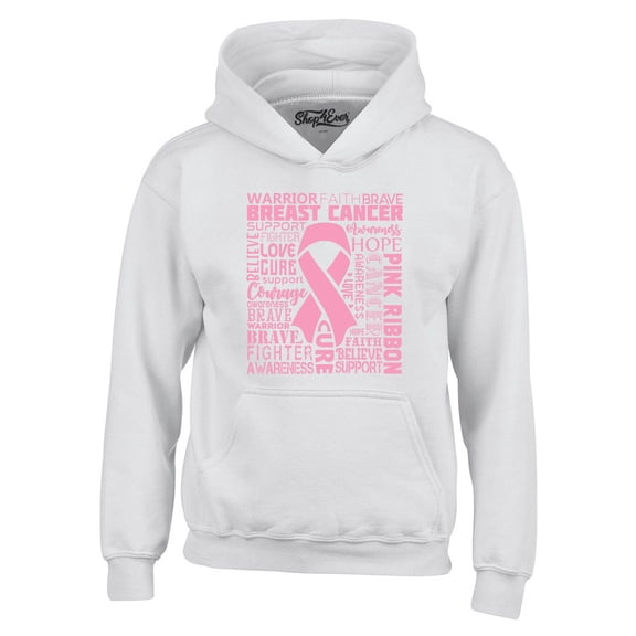 Shop4Ever Men's Breast Cancer Awareness Pink Ribbon Word Cloud Hooded Sweatshirt Hoodie Small White
