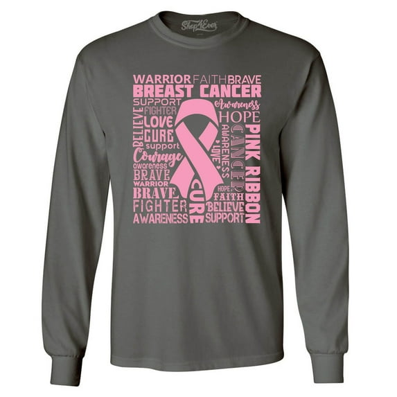 Shop4Ever Men's Breast Cancer Awareness Pink Ribbon Word Cloud Long Sleeve Shirt Medium Charcoal