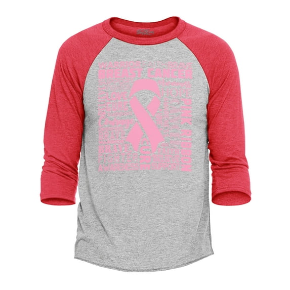 Shop4Ever Men's Breast Cancer Awareness Pink Ribbon Word Cloud Raglan Baseball Shirt Large Heather Grey/Red