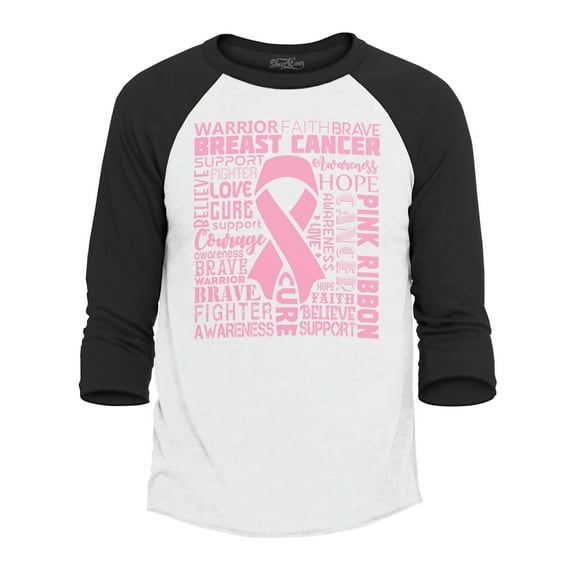 Shop4Ever Men's Breast Cancer Awareness Pink Ribbon Word Cloud Raglan Baseball Shirt XXX-LargeWhite/Black