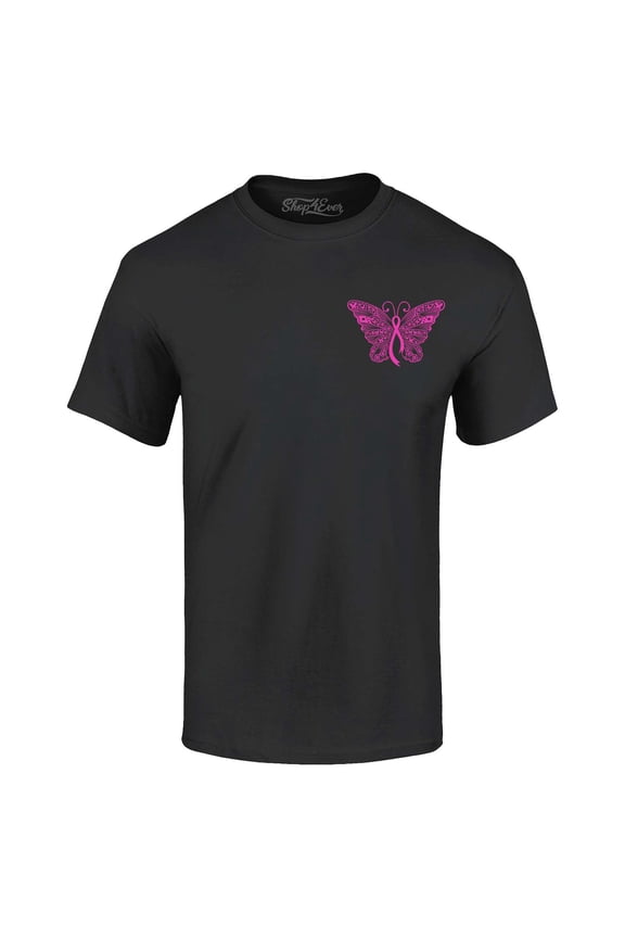 Men's Breast Cancer Awareness Ribbon Butterfly Pocket Graphic T-shirt Large Black