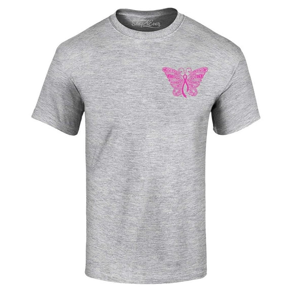 Shop4Ever Men's Breast Cancer Awareness Ribbon Butterfly Pocket Graphic T-shirt Small Sports Grey