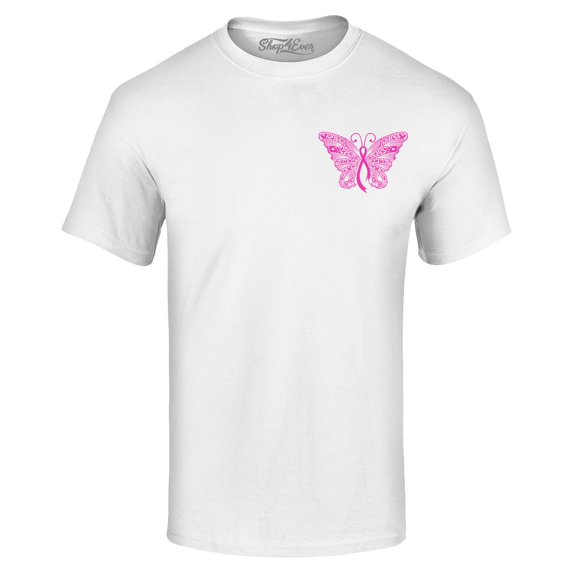 Shop4Ever Men's Breast Cancer Awareness Ribbon Butterfly Pocket Graphic T-shirt XX-Large White