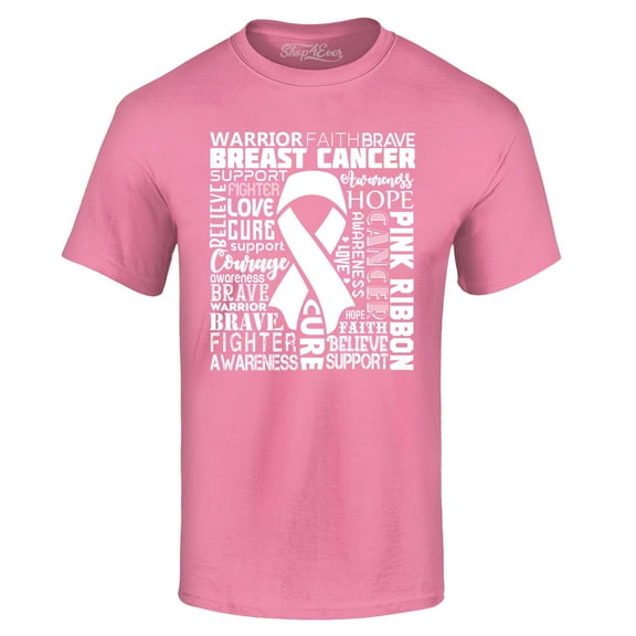 Shop4Ever Men's Breast Cancer Awareness White Ribbon Word Cloud Graphic T-shirt Large Azalea Pink