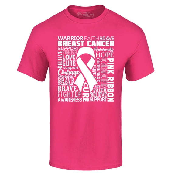 Shop4Ever Men's Breast Cancer Awareness White Ribbon Word Cloud Graphic T-shirt X-Large Heliconia Pink