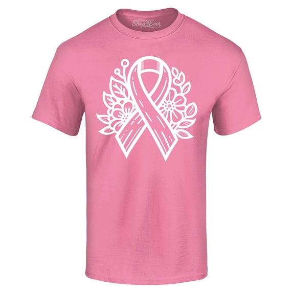 Shop4Ever Men's Breast Cancer Ribbon Flowers Graphic T-shirt Medium Azalea Pink