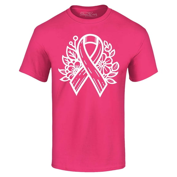 Shop4Ever Men's Breast Cancer Ribbon Flowers Graphic T-shirt X-Large Heliconia Pink