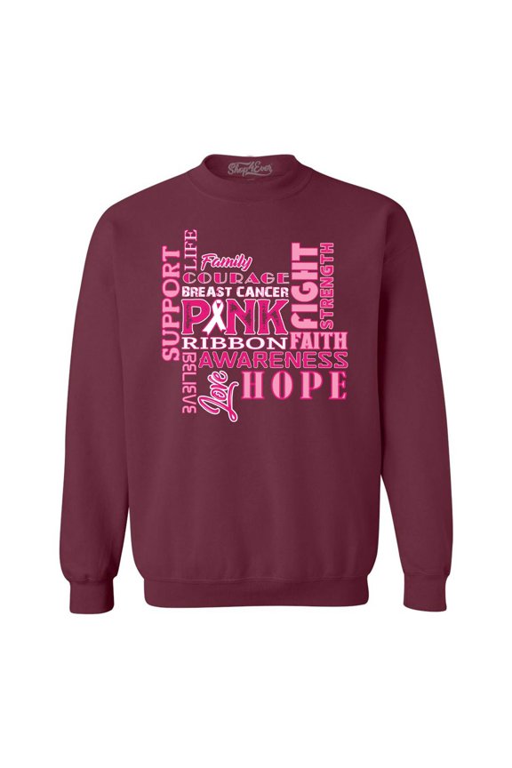 Men's Breast Cancer Support Fight Ribbon Awareness Crewneck Sweatshirt Large Maroon