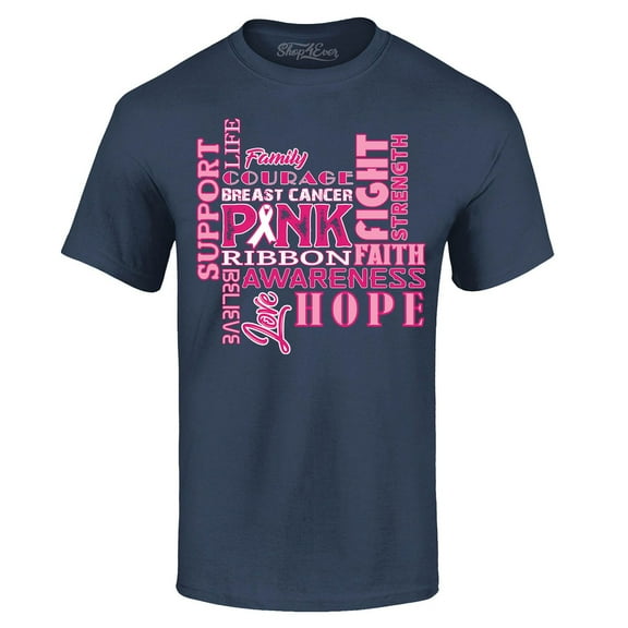 Shop4Ever Men's Breast Cancer Support Fight Ribbon Awareness Graphic T-shirt Medium Navy