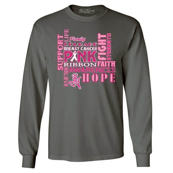 Shop4Ever Men's Breast Cancer Support Fight Ribbon Awareness Long Sleeve Shirt Large Charcoal