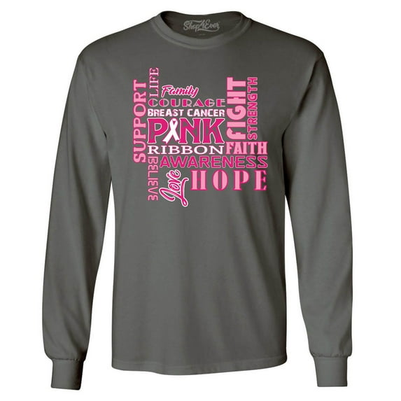 Shop4Ever Men's Breast Cancer Support Fight Ribbon Awareness Long Sleeve Shirt Large Charcoal