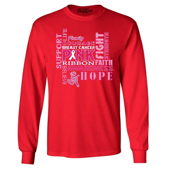 Shop4Ever Men's Breast Cancer Support Fight Ribbon Awareness Long Sleeve Shirt Large Red