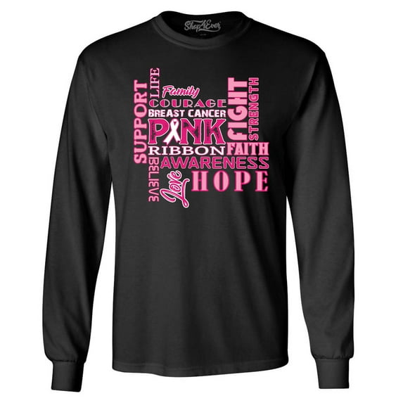 Shop4Ever Men's Breast Cancer Support Fight Ribbon Awareness Long Sleeve Shirt X-Large Black