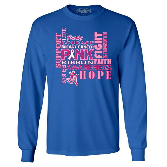 Shop4Ever Men's Breast Cancer Support Fight Ribbon Awareness Long Sleeve Shirt X-Large Royal Blue