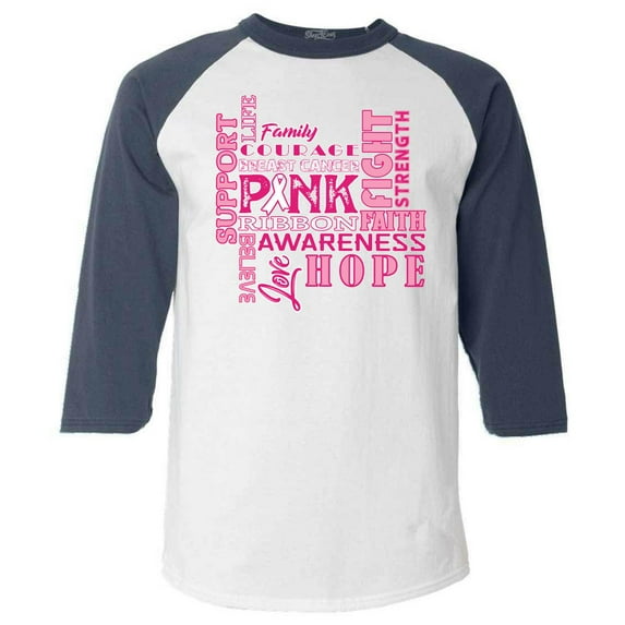 Shop4Ever Men's Breast Cancer Support Fight Ribbon Awareness Raglan Baseball Shirt Large White/Navy