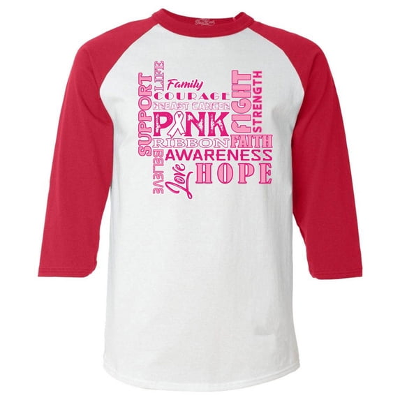 Shop4Ever Men's Breast Cancer Support Fight Ribbon Awareness Raglan Baseball Shirt Large White/Red