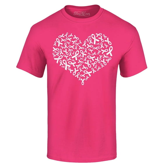 Shop4Ever Men's Breast Cancer White Ribbon Montage Heart Graphic T-shirt Small Heliconia Pink